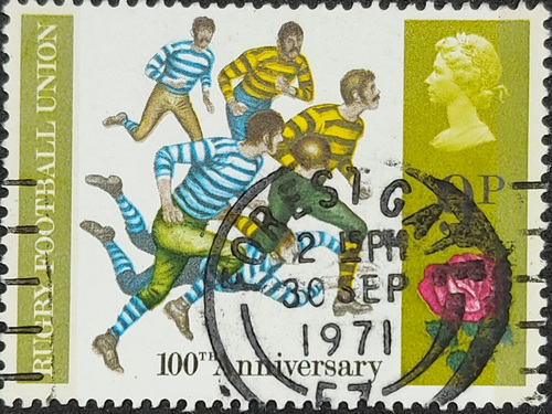British Anniversaries 9P Stamp (1971) Rugby Football, 1971