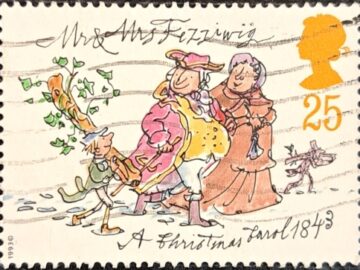 The 25p. stamp depicts "A Christmas Carol" 1843. Mr.and Mrs. Fezziwig.